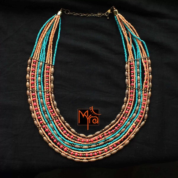 Peach, Blue & Pastel Shades Beaded Necklace