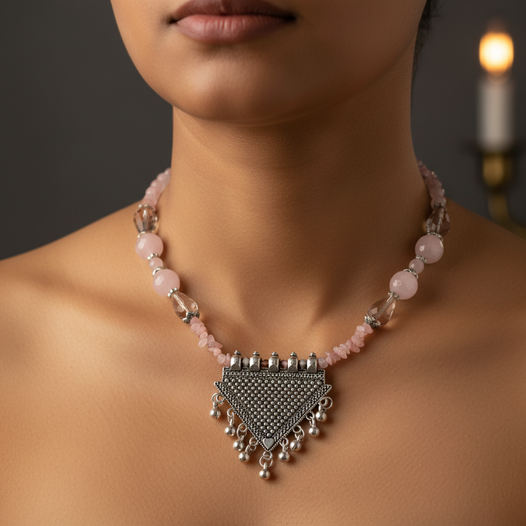 Rose Quartz copy Stone Necklace with Triangle Pendant