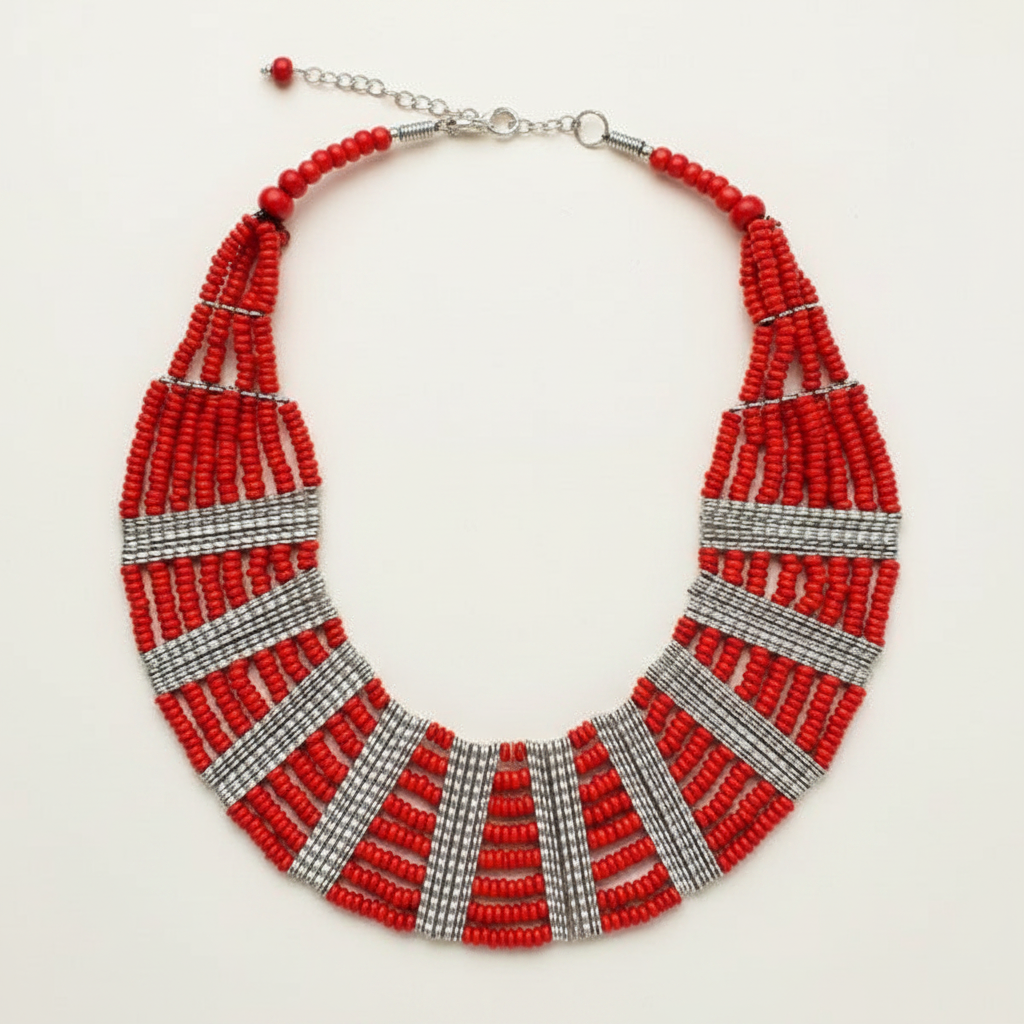Handmade Eight-Layer Wooden Beaded Statement Necklace (Red)