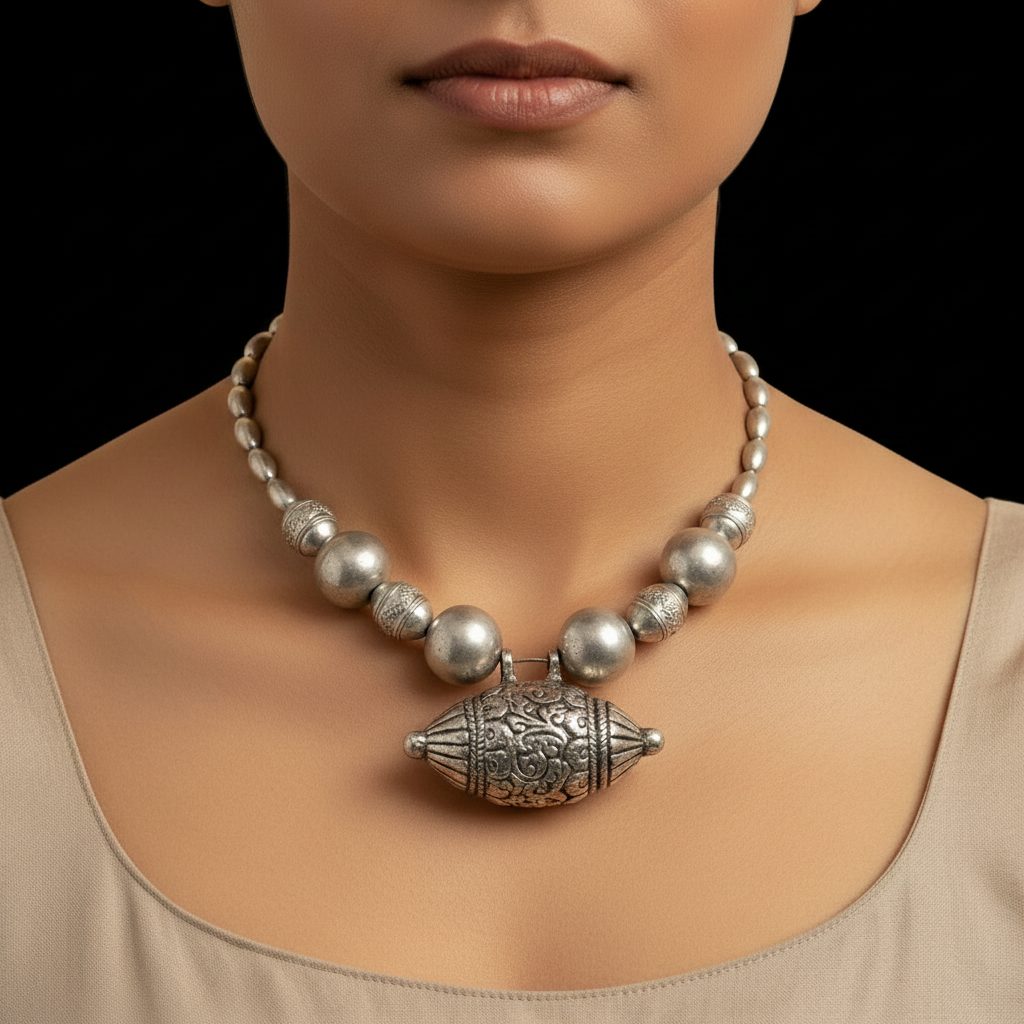 Drum Shaped Pendant with Lightweight Beads