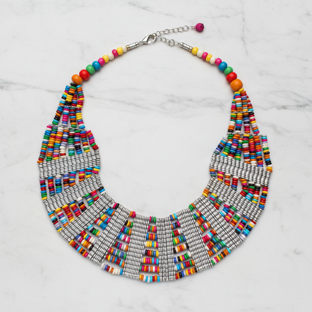 Handmade Eight-Layer Wooden Beaded Statement Necklace (Multicolor)