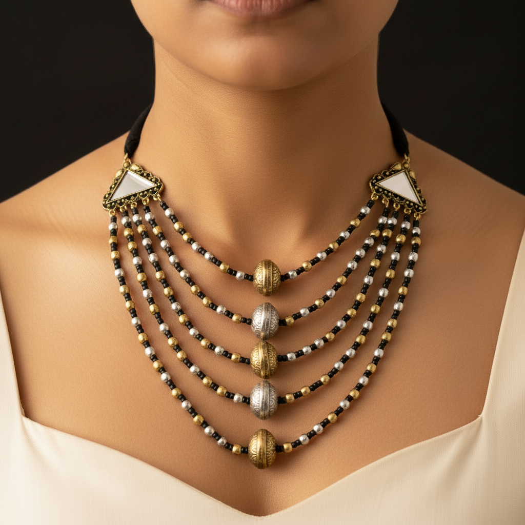 Three Layer Dual Tone Mirrorwork Necklace