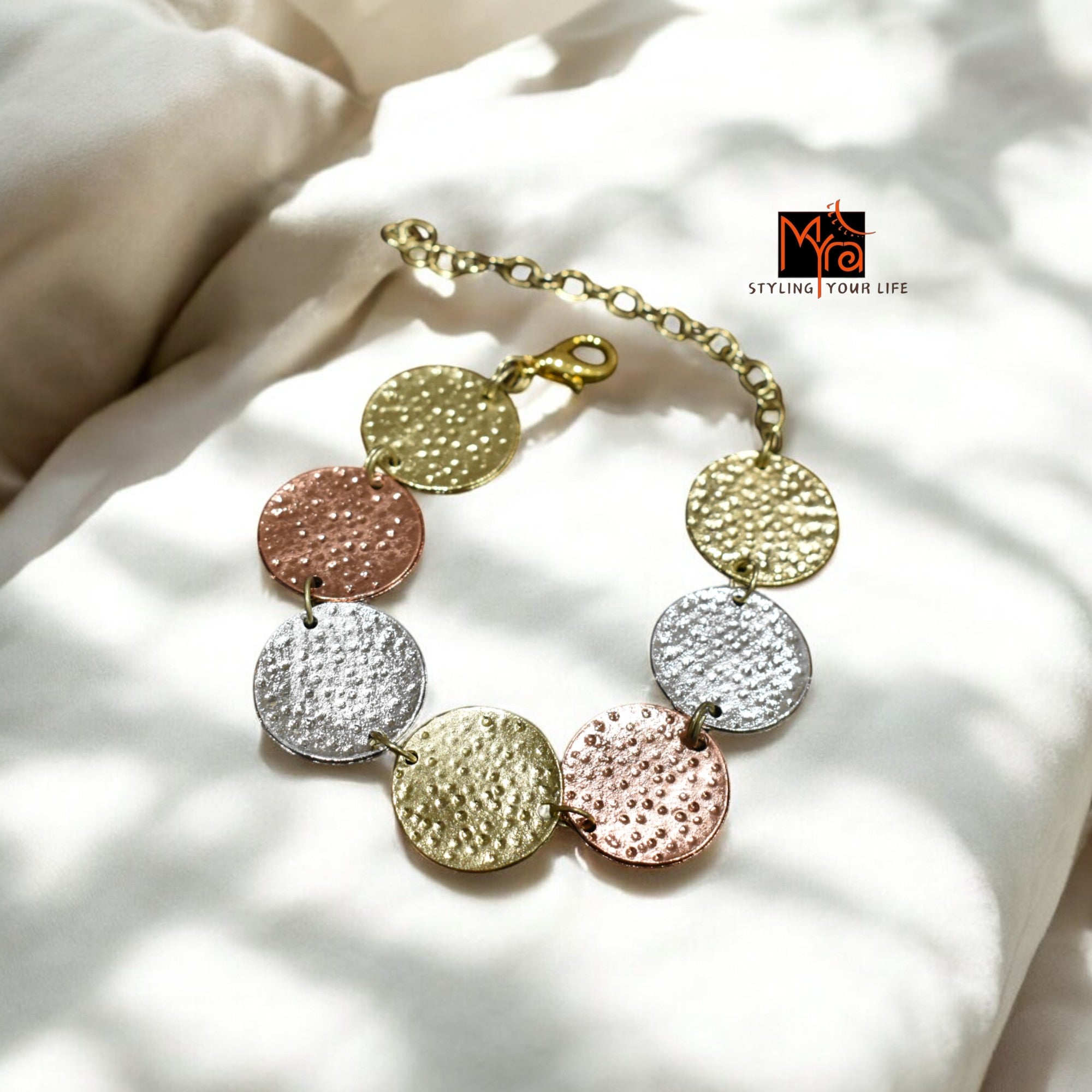 Triple Metal Coin-Patterned Beaten Bracelet