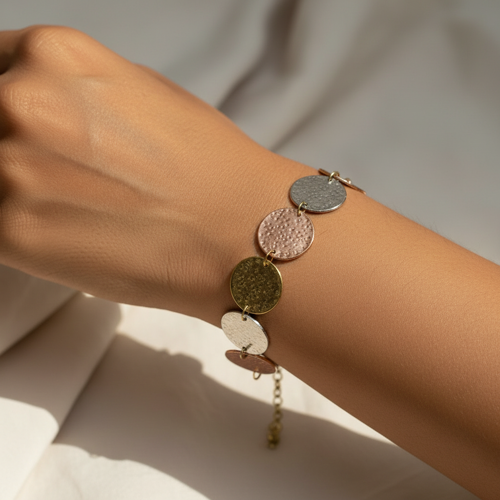 Triple Metal Coin-Patterned Beaten Bracelet