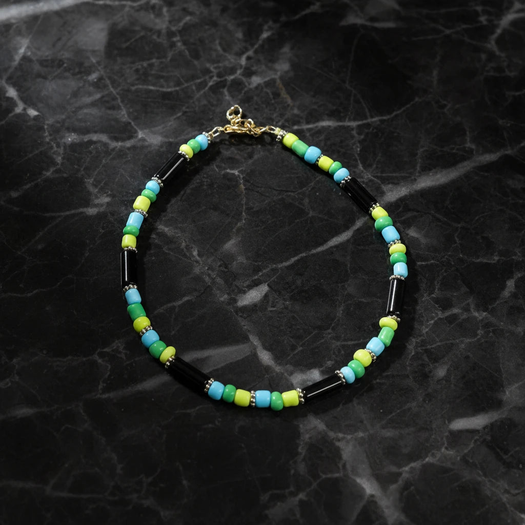 Pipe & Bead Anklet : Black, Green, Blue