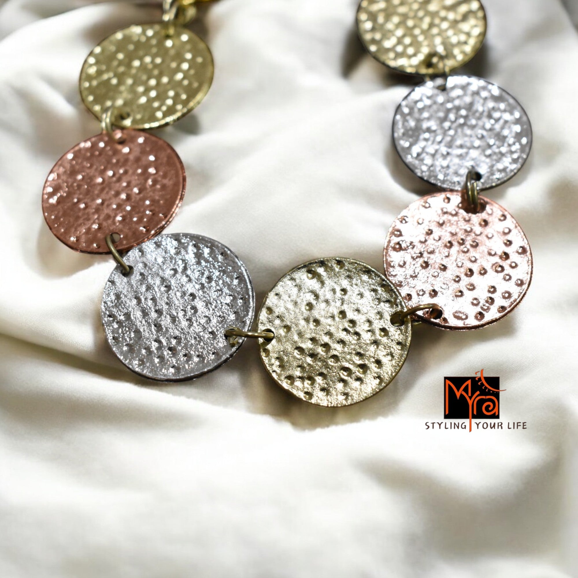 Triple Metal Coin-Patterned Beaten Bracelet