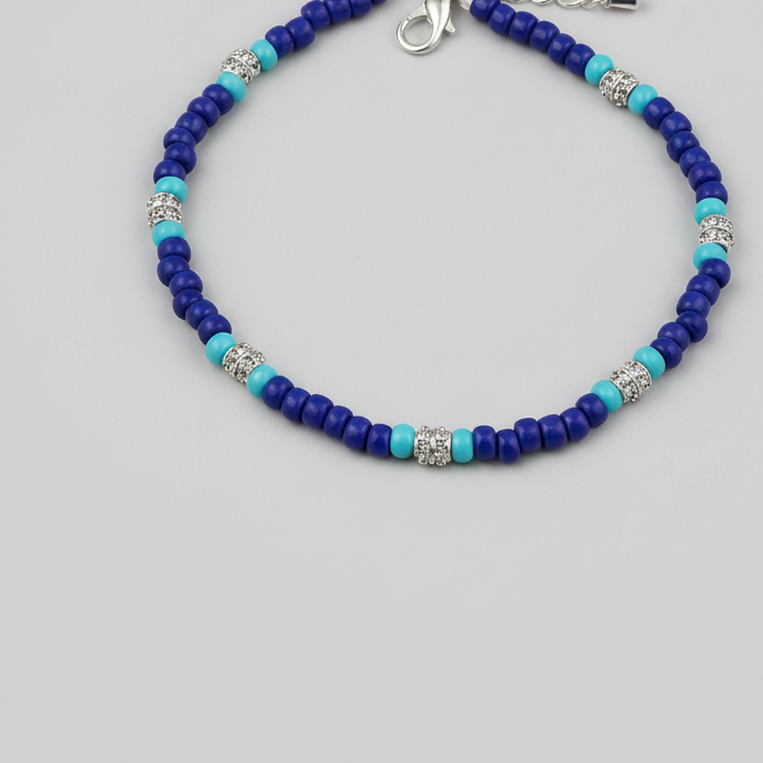 Navy Blue & Turquoise Beaded Charm Anklet