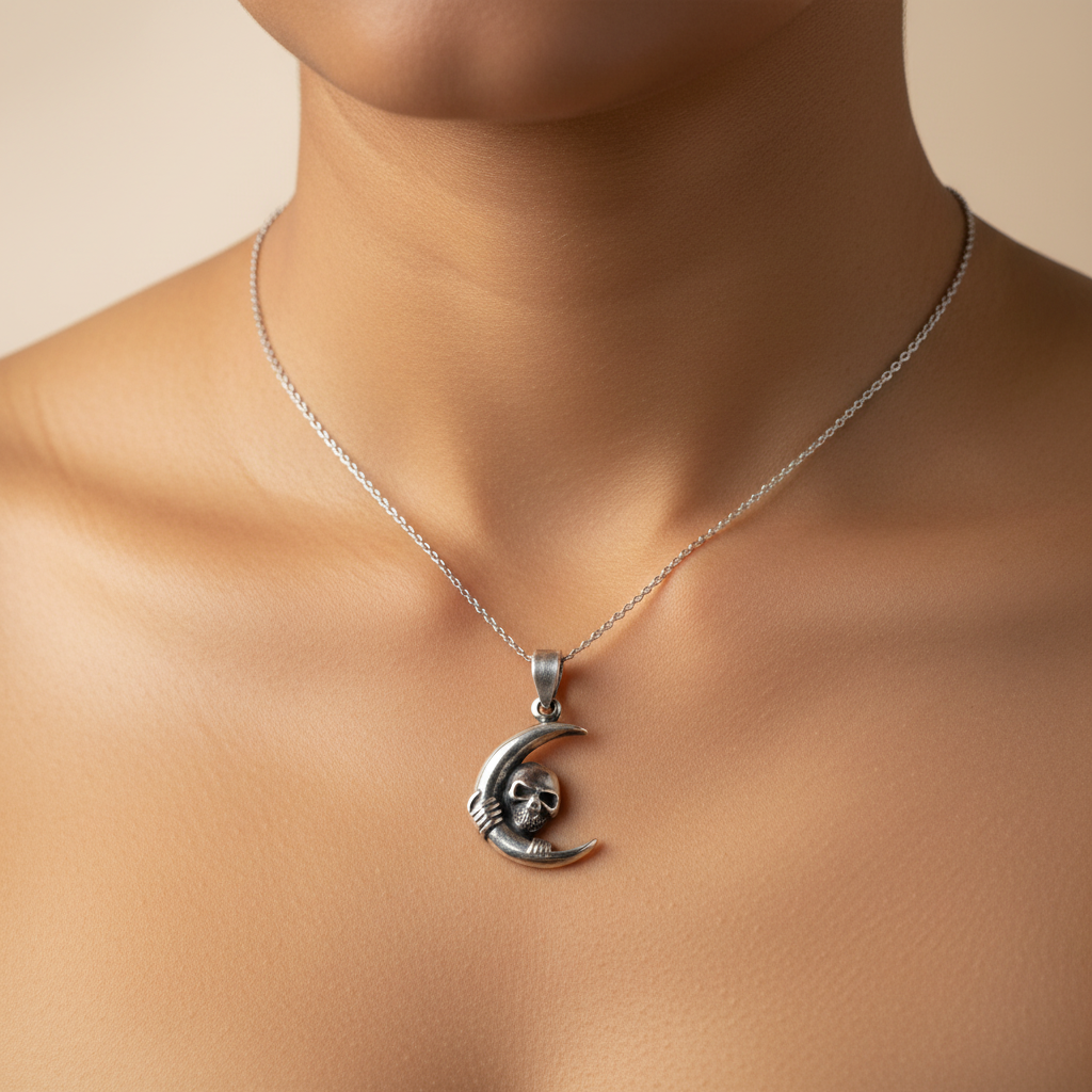Silver Skull & Moon Pendant