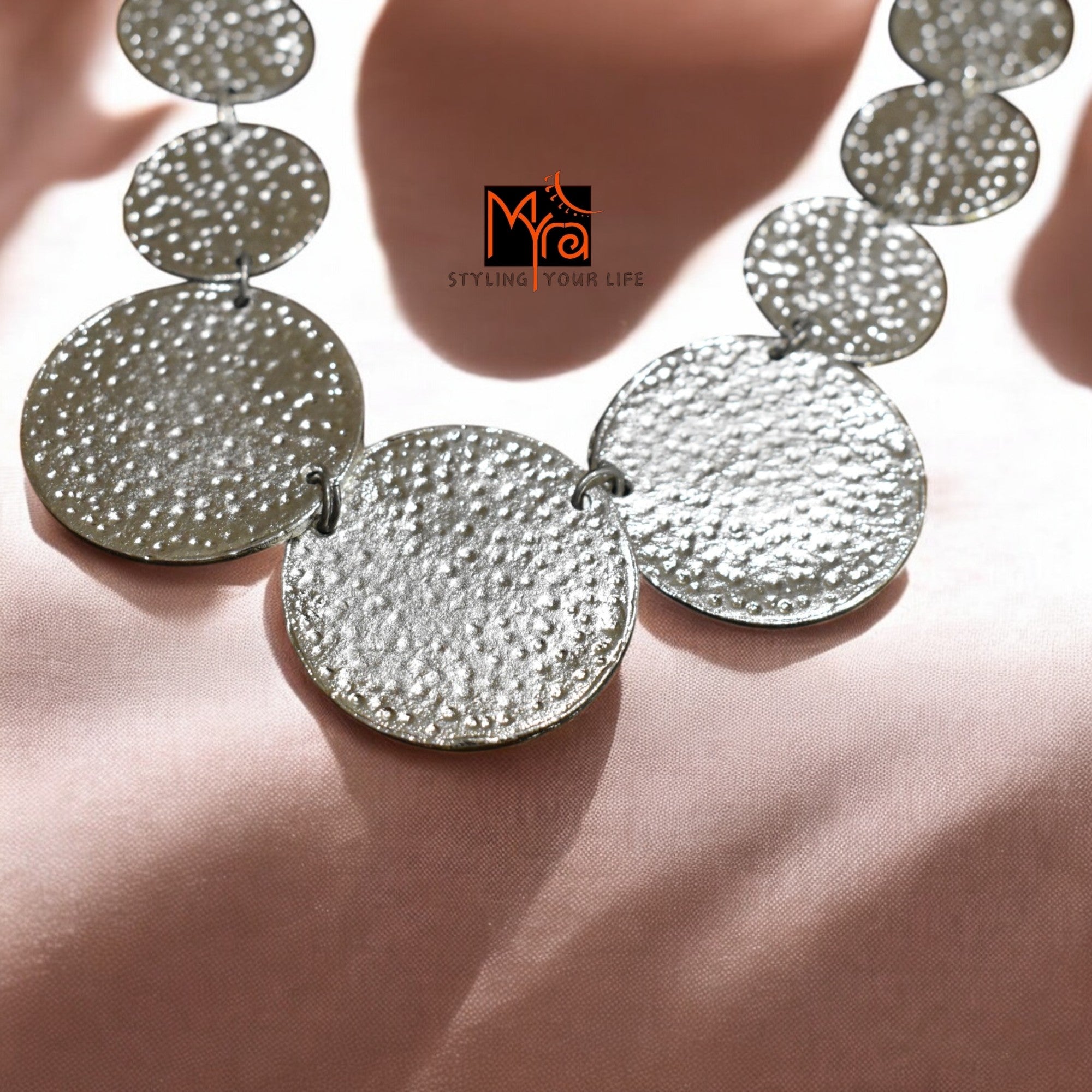 Silver Coin-Patterned Beaten Necklace & Earrings
