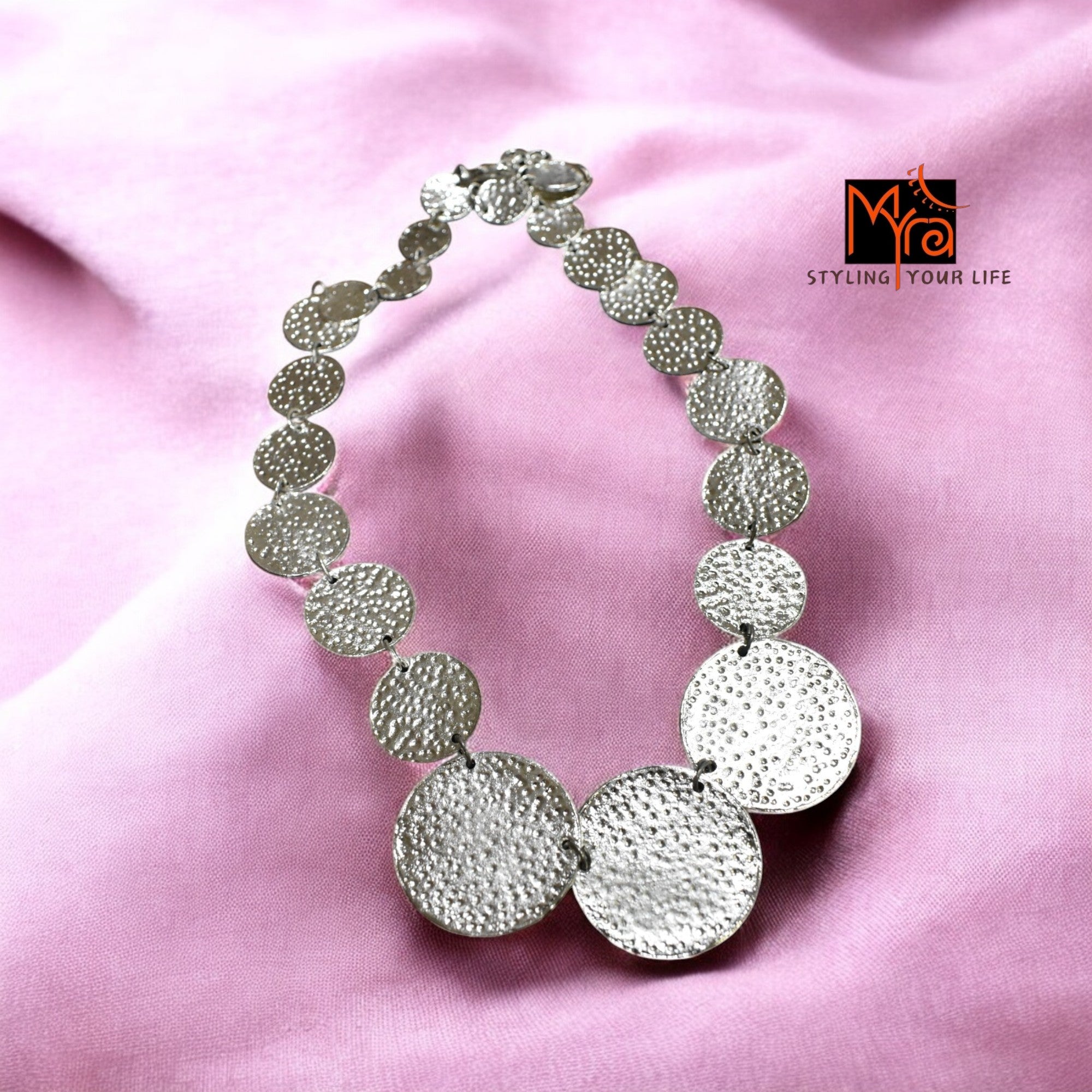 Silver Coin-Patterned Beaten Necklace & Earrings