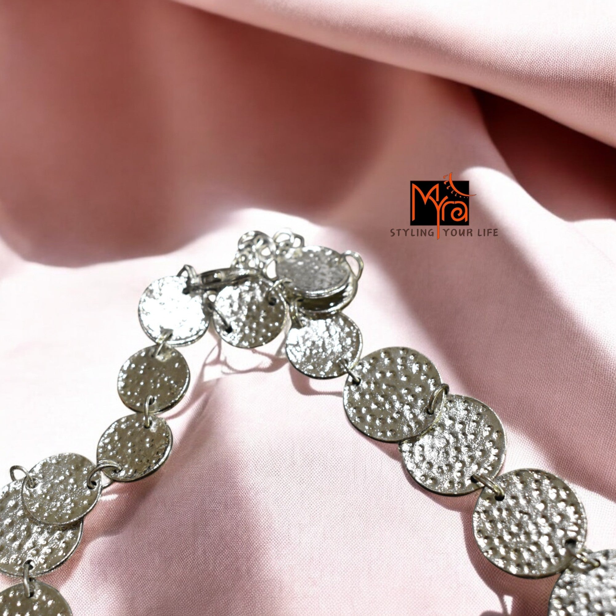 Silver Coin-Patterned Beaten Necklace & Earrings
