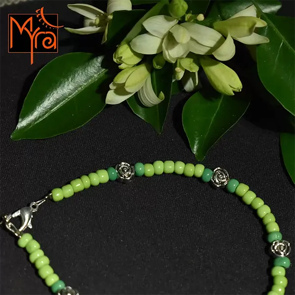 Glass Beaded Anklet with Rose Charms : Green