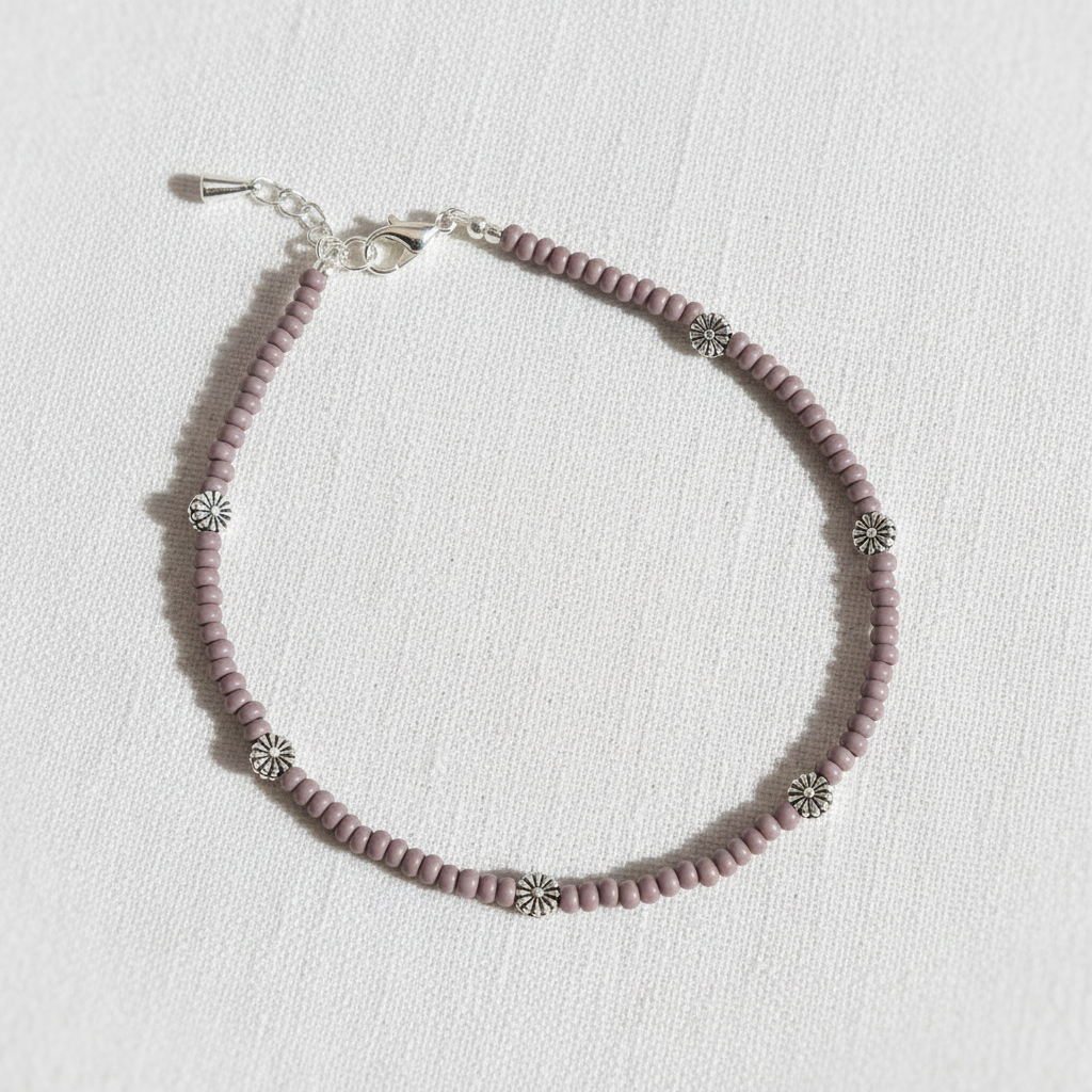 Glass Beaded Dandelion Charm Anklet : Dull Mauve