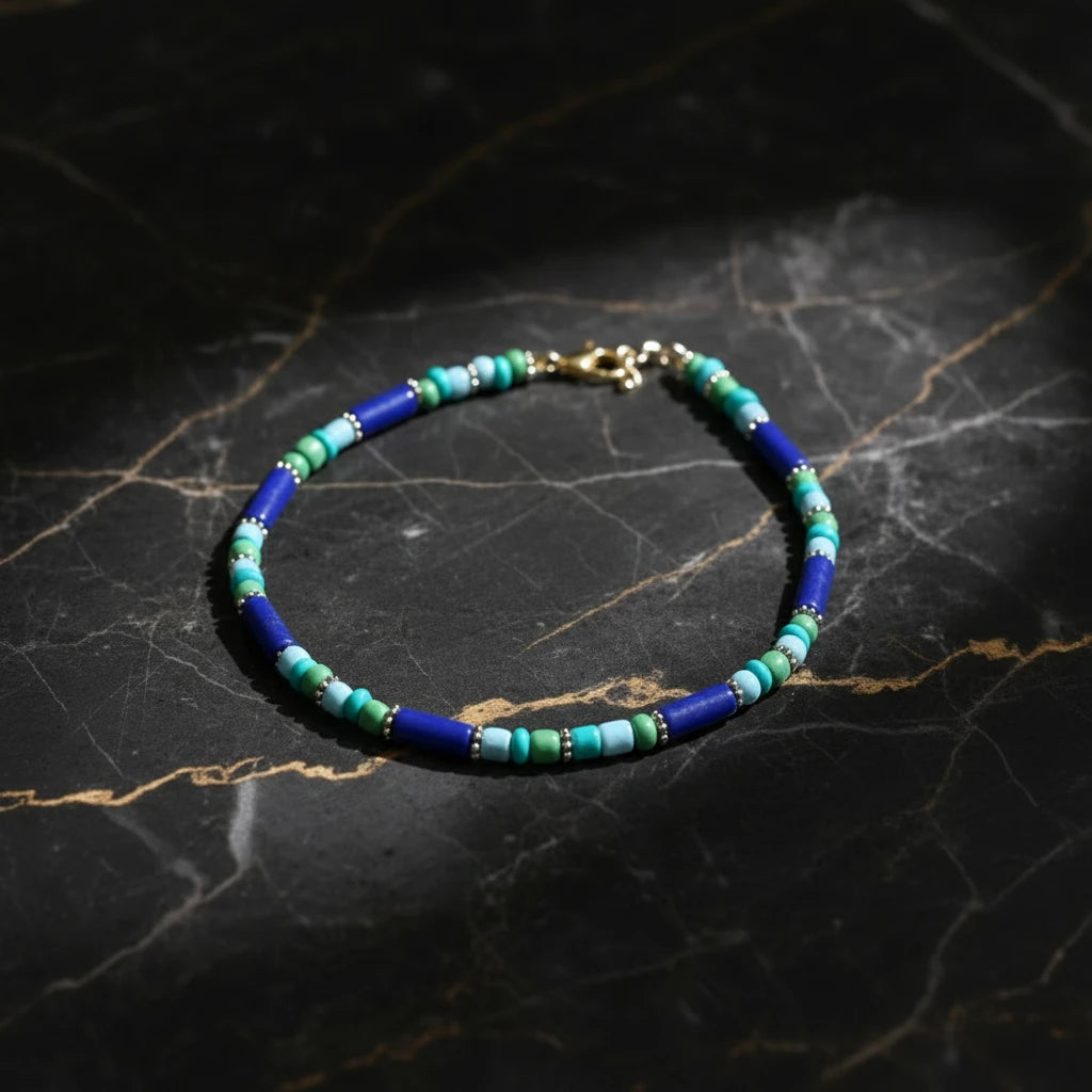 Pipe & Bead Anklet : Navy Blue, Sky Blue, Green