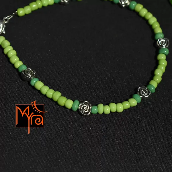 Glass Beaded Anklet with Rose Charms : Green