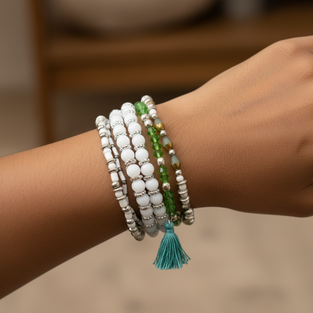 White & Green Bead Bunch Bracelet