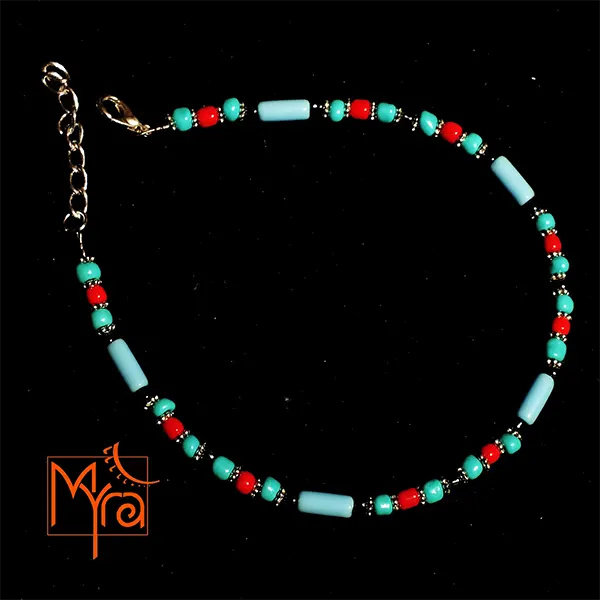 Pipe and Round Beaded Anklet : Turquoise, Red