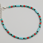 Pipe and Round Beaded Anklet : Turquoise, Red