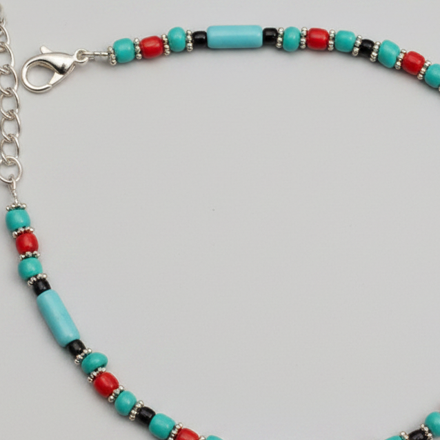Pipe and Round Beaded Anklet : Turquoise, Red