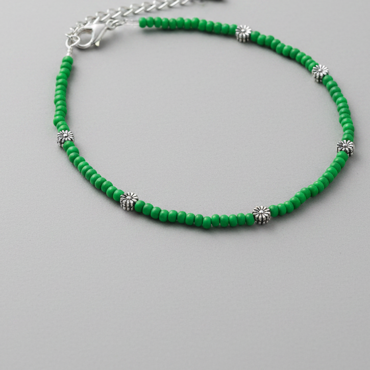 Glass Beaded Anklet with Dandelion Charms : Green