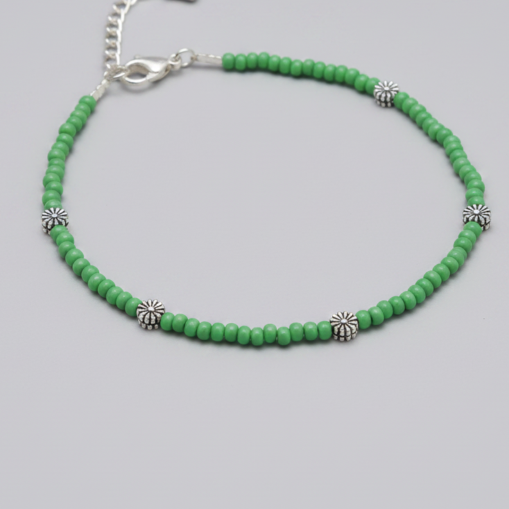 Glass Beaded Anklet with Dandelion Charms : Green