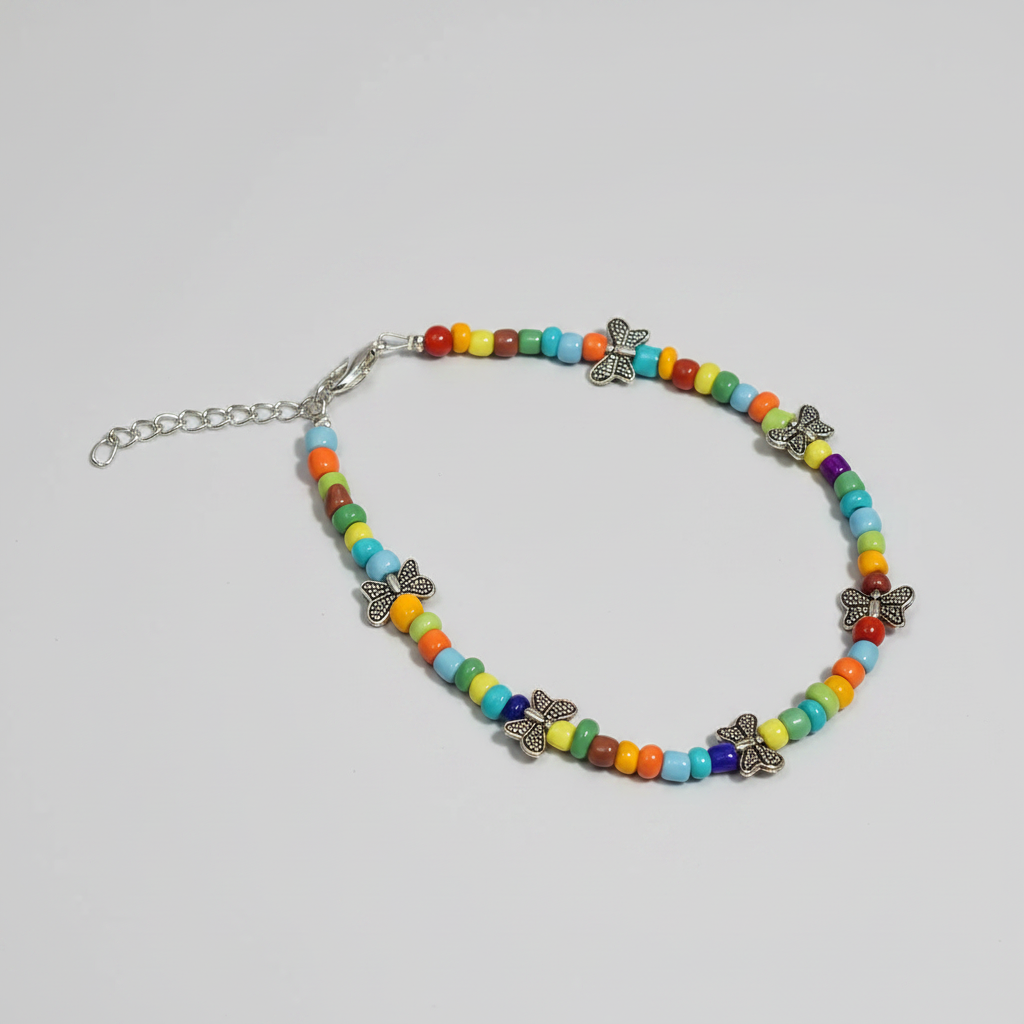 Handcrafted Multicolour Glass Beaded Anklet with Butterfly Charms