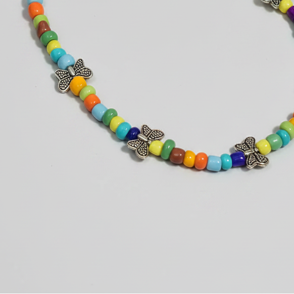 Handcrafted Multicolour Glass Beaded Anklet with Butterfly Charms