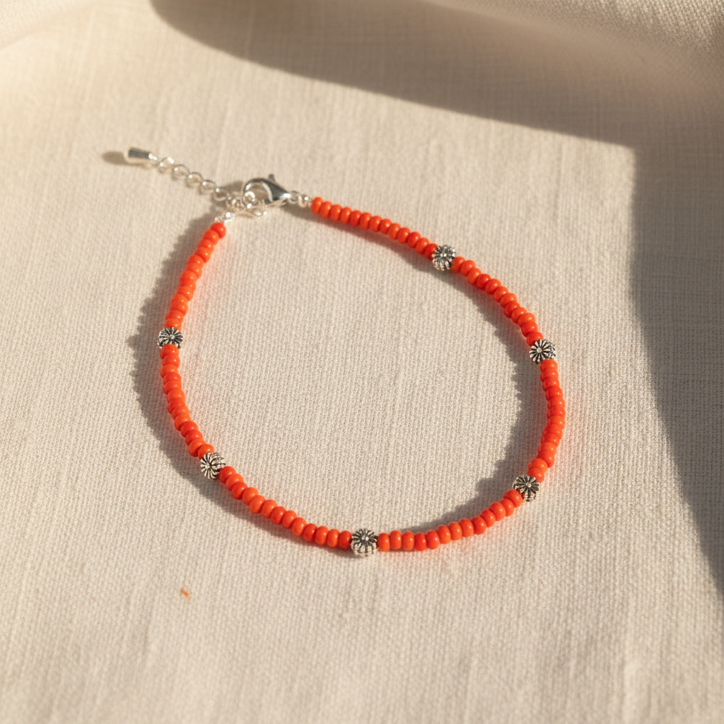 Glass Beaded Dandelion Charm Anklet : Tomato Red