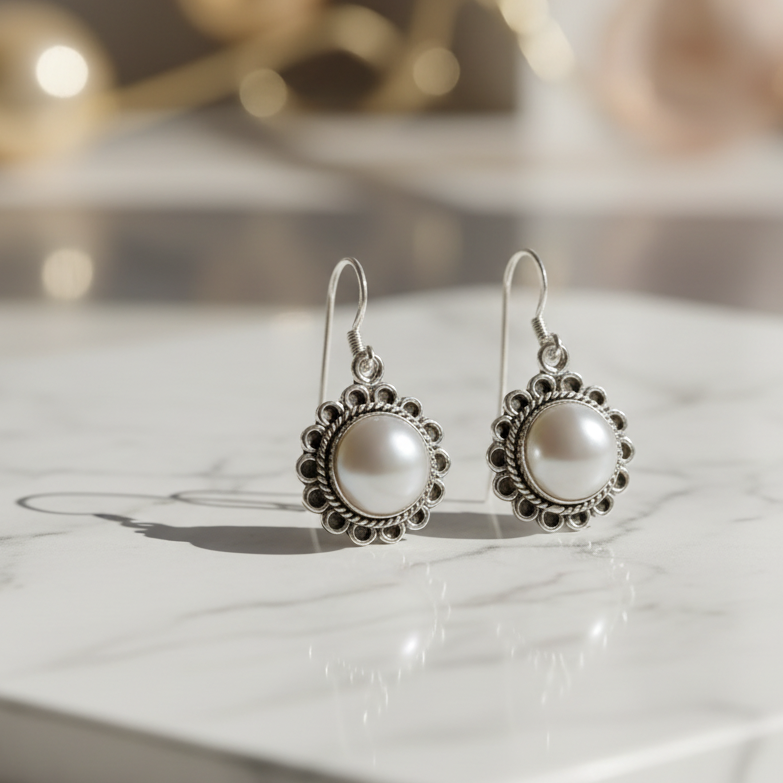 Pearl Studded Sun Motif Earrings - 1