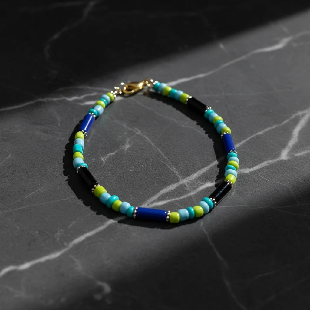 Pipe & Bead Anklet : Navy Blue, Black, Green