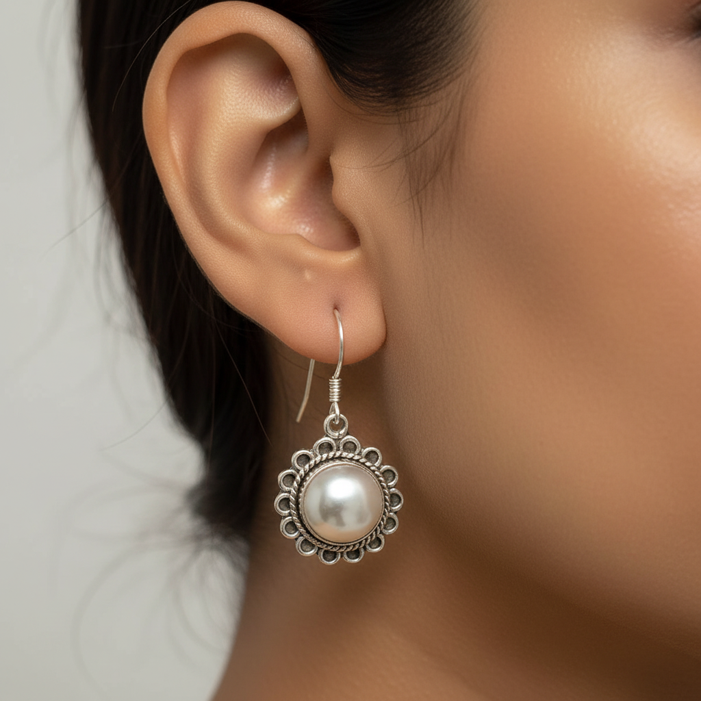 Pearl Studded Sun Motif Earrings - 1