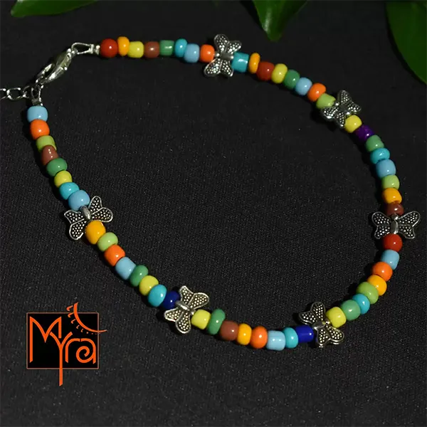 Glass Beaded Anklet with Butterfly Charms : Multicolor