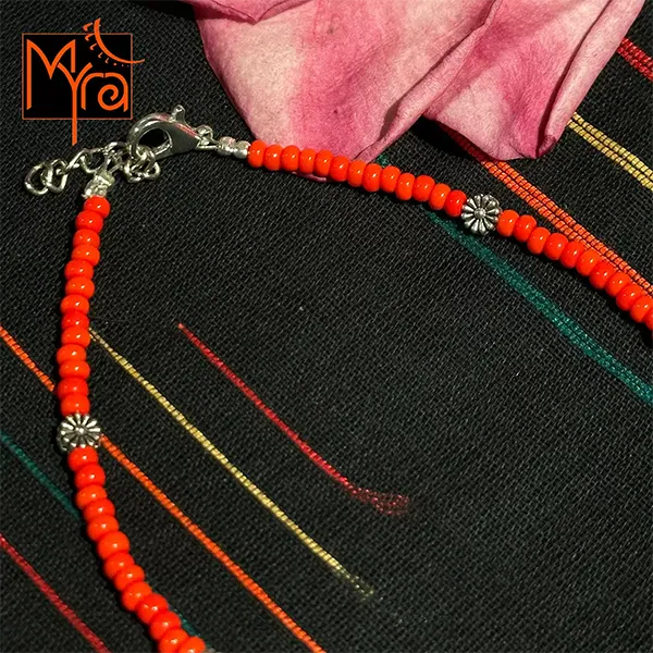 Glass Beaded Dandelion Charm Anklet : Tomato Red