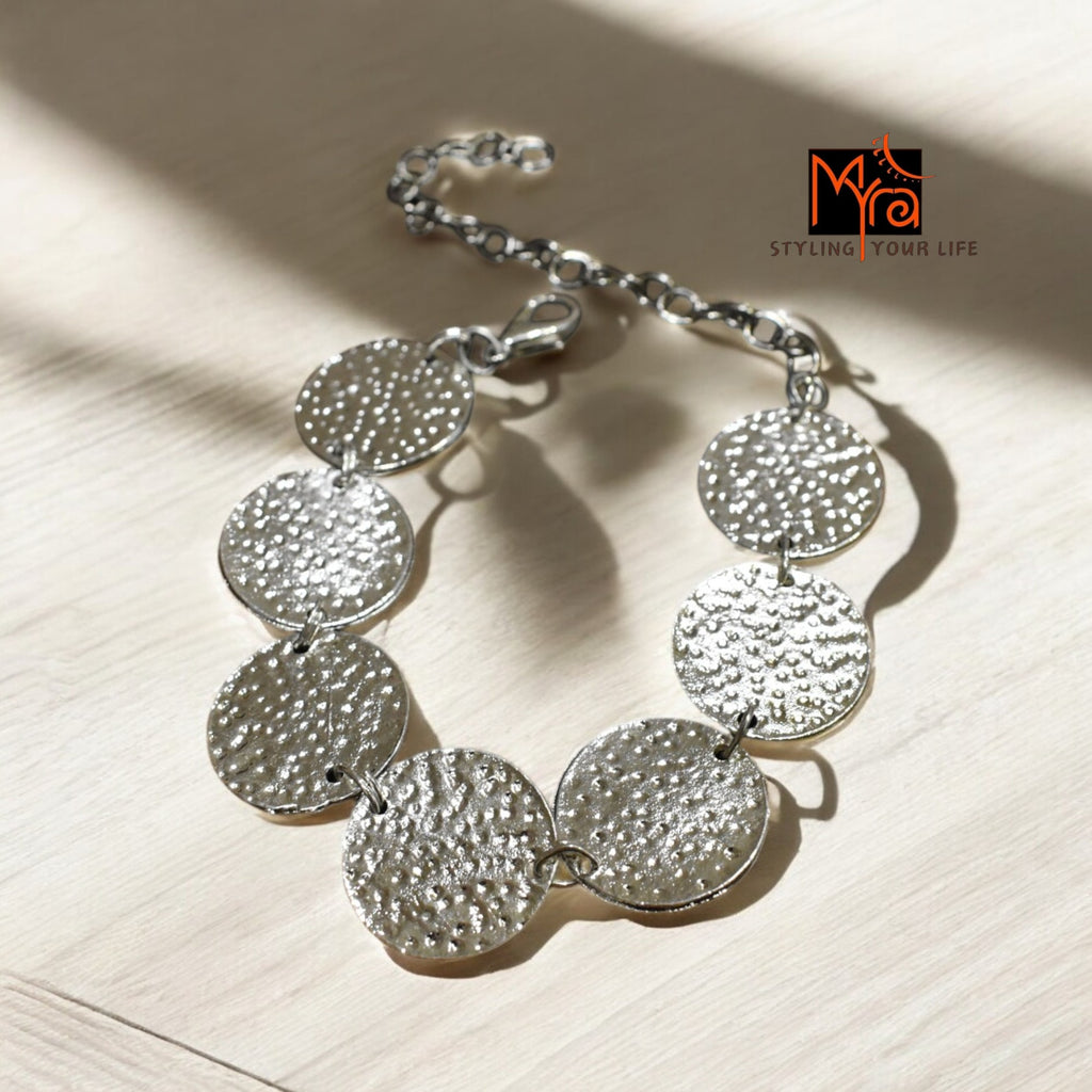 Silver Coin-Patterned Beaten Bracelet
