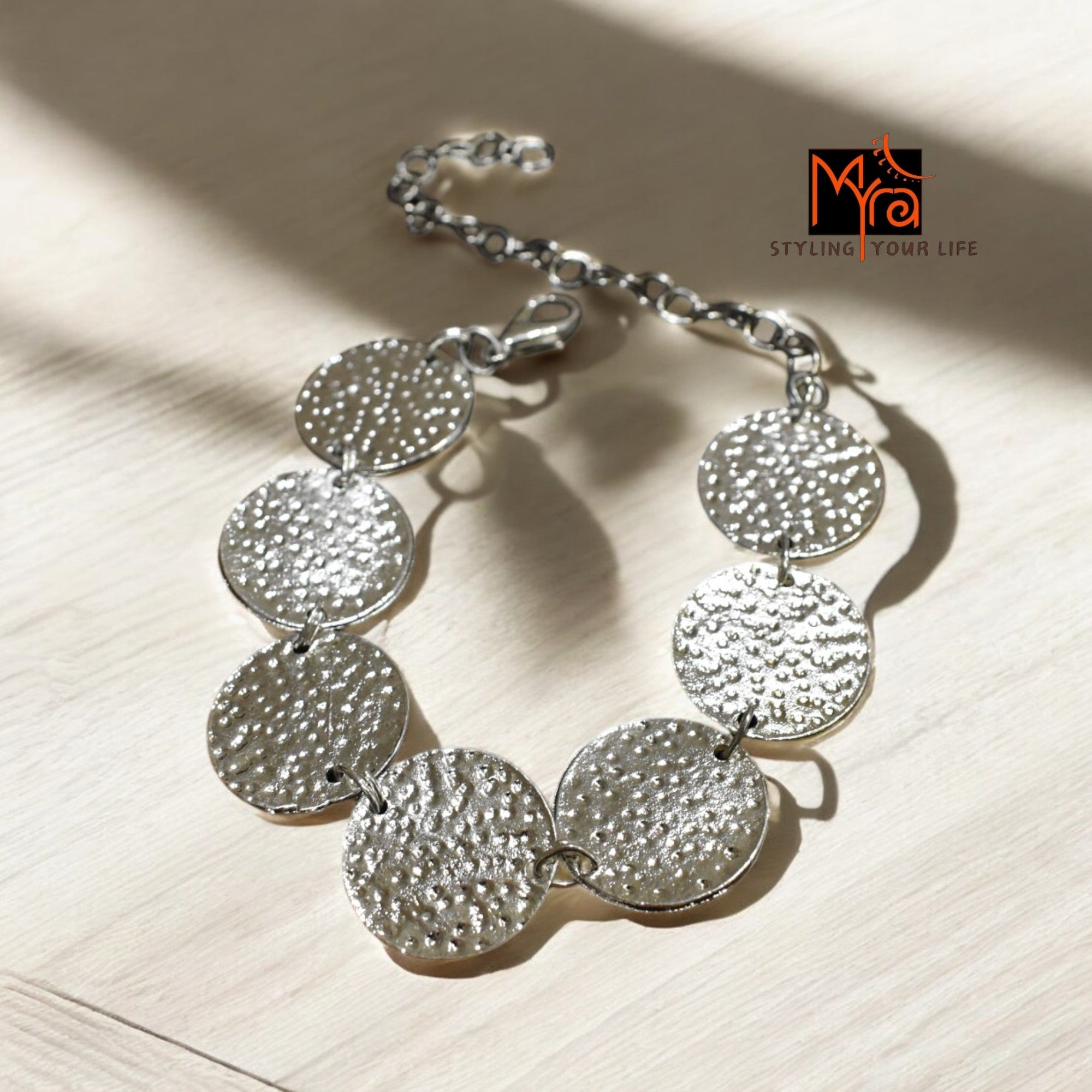 Silver Coin-Patterned Beaten Bracelet