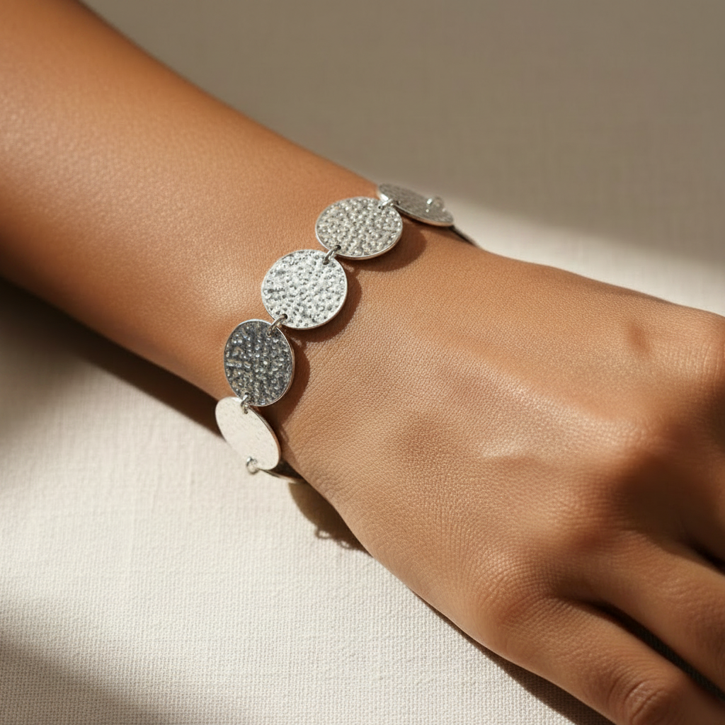 Silver Coin-Patterned Beaten Bracelet