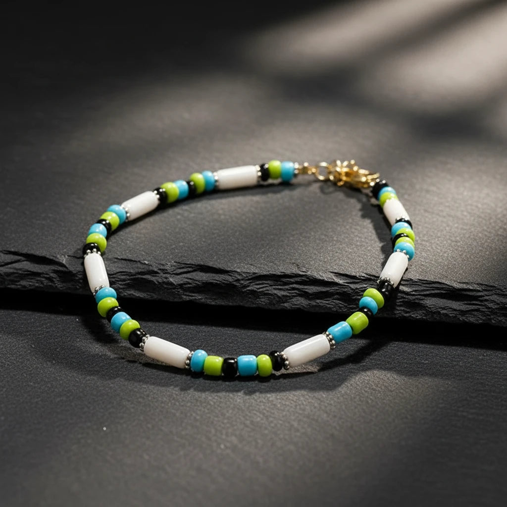 Pipe & Bead Anklet : White, Black, Green, Blue