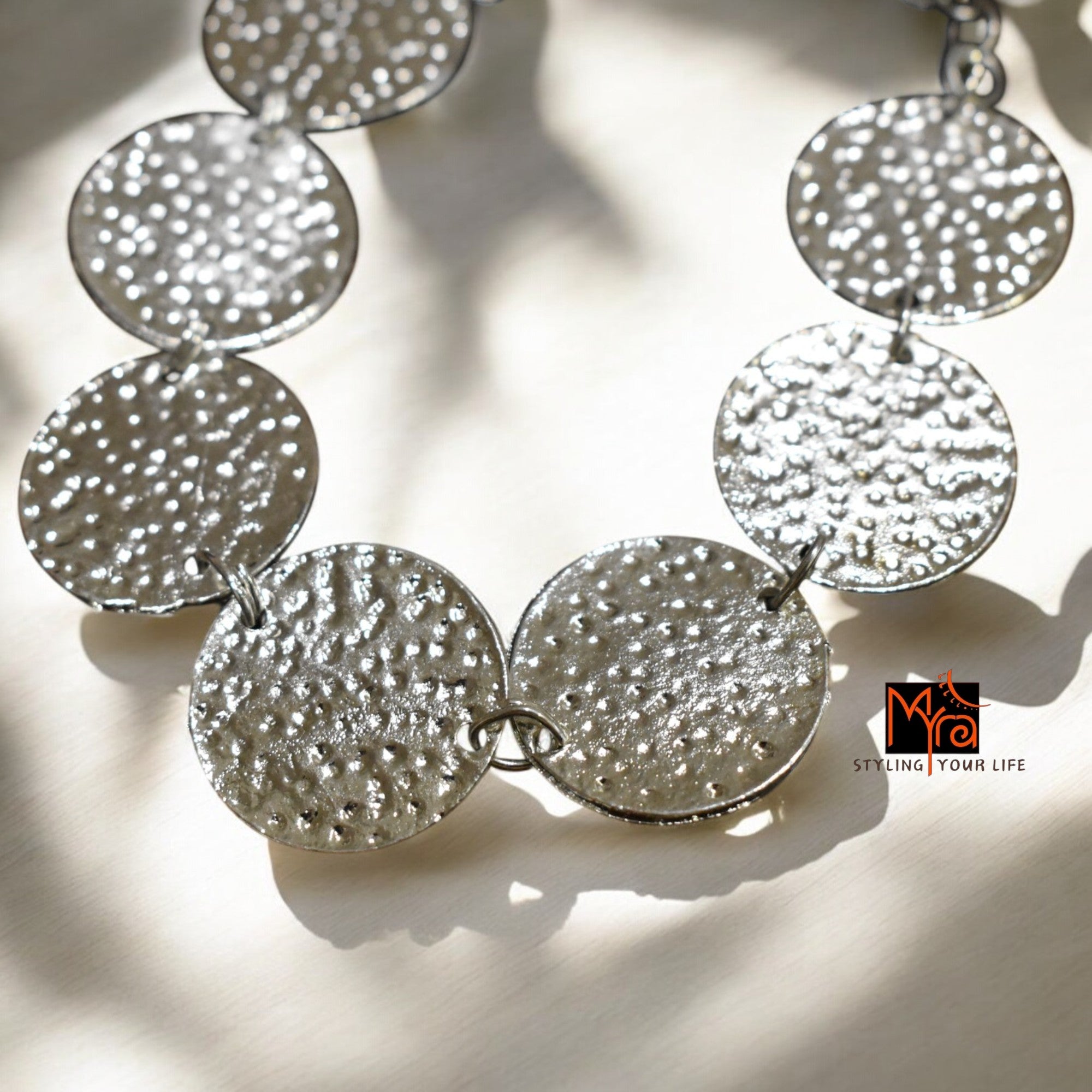 Silver Coin-Patterned Beaten Bracelet