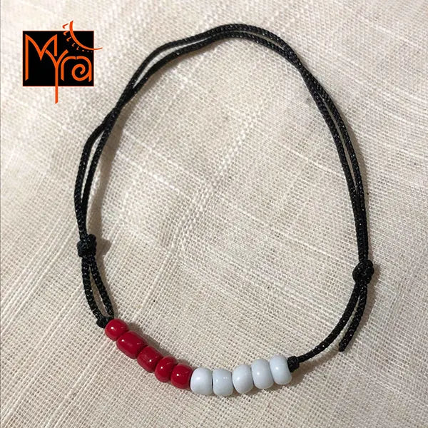 Black String Anklet with Beads : Red, White