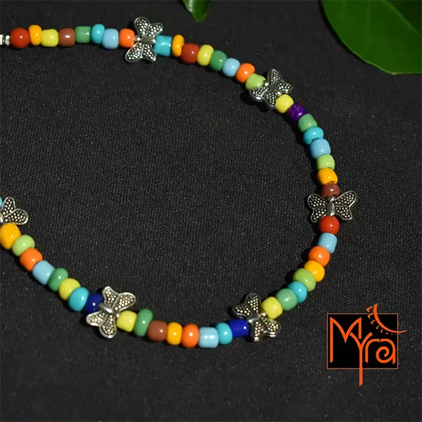 Glass Beaded Anklet with Butterfly Charms : Multicolor