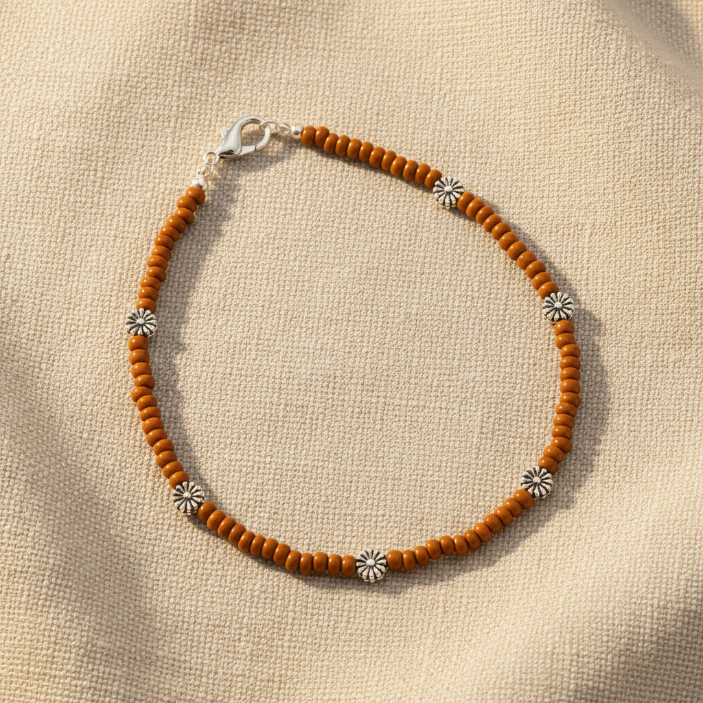 Glass Beaded Dandelion Charm Anklet : Brown
