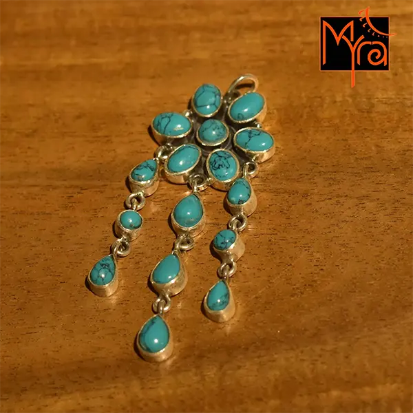 Handcrafted turquoise flower silver pendant India MYRA