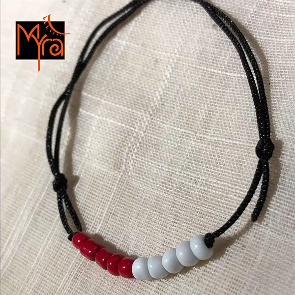 Black String Anklet with Beads : Red, White
