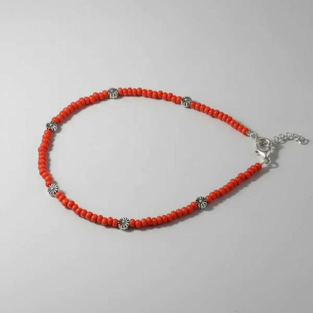 Glass Beaded Anklet with Dandelion Charms : Red