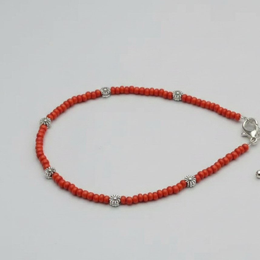 Glass Beaded Anklet with Dandelion Charms : Red