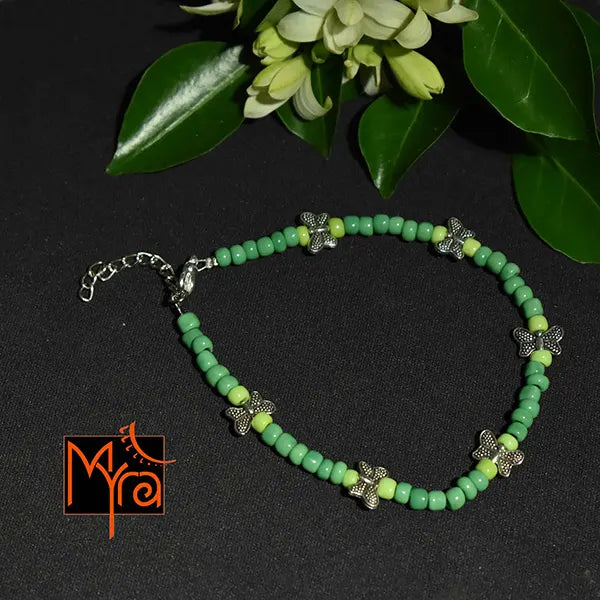 Glass Beaded Anklet with Butterfly Charms : Green