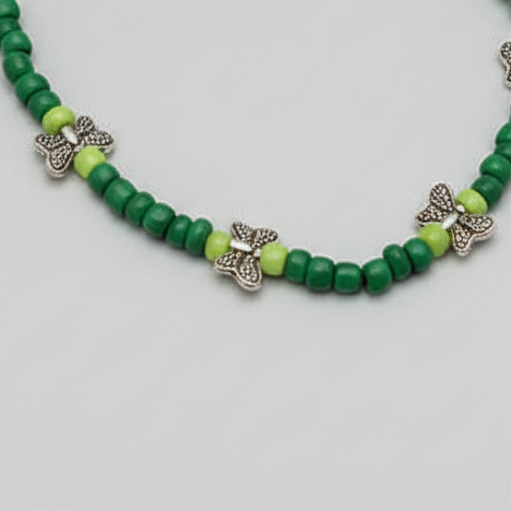 Handcrafted Green Glass Beaded Anklet with Butterfly Charms