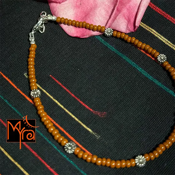 Glass Beaded Dandelion Charm Anklet : Brown