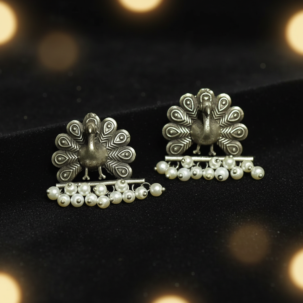 Peacock Motif Earrings with Pearl Hangings