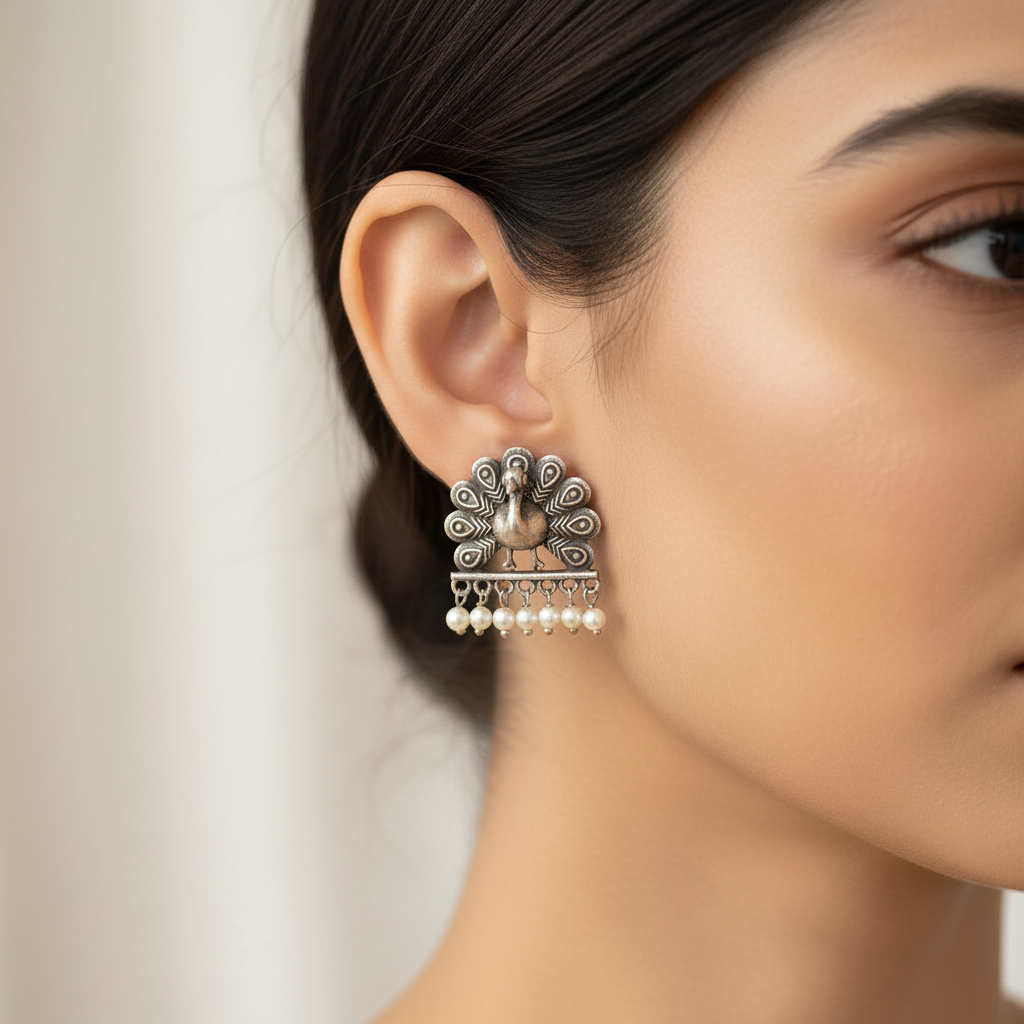 Peacock Motif Earrings with Pearl Hangings